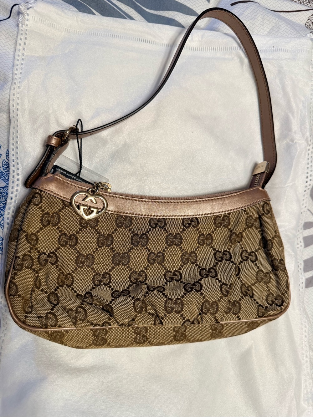 Gucci Beige Brown GG Canvas Shoulder Bag with Heart Charm